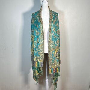 Scarf Pashmina Teal and Yellow Patterned Boho and Bohemian Style